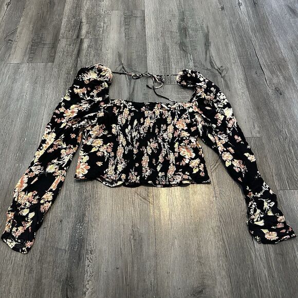 Free People Hilary Printed Long Sleeve Top Womens Size XL Black Floral Crop - Picture 6 of 8